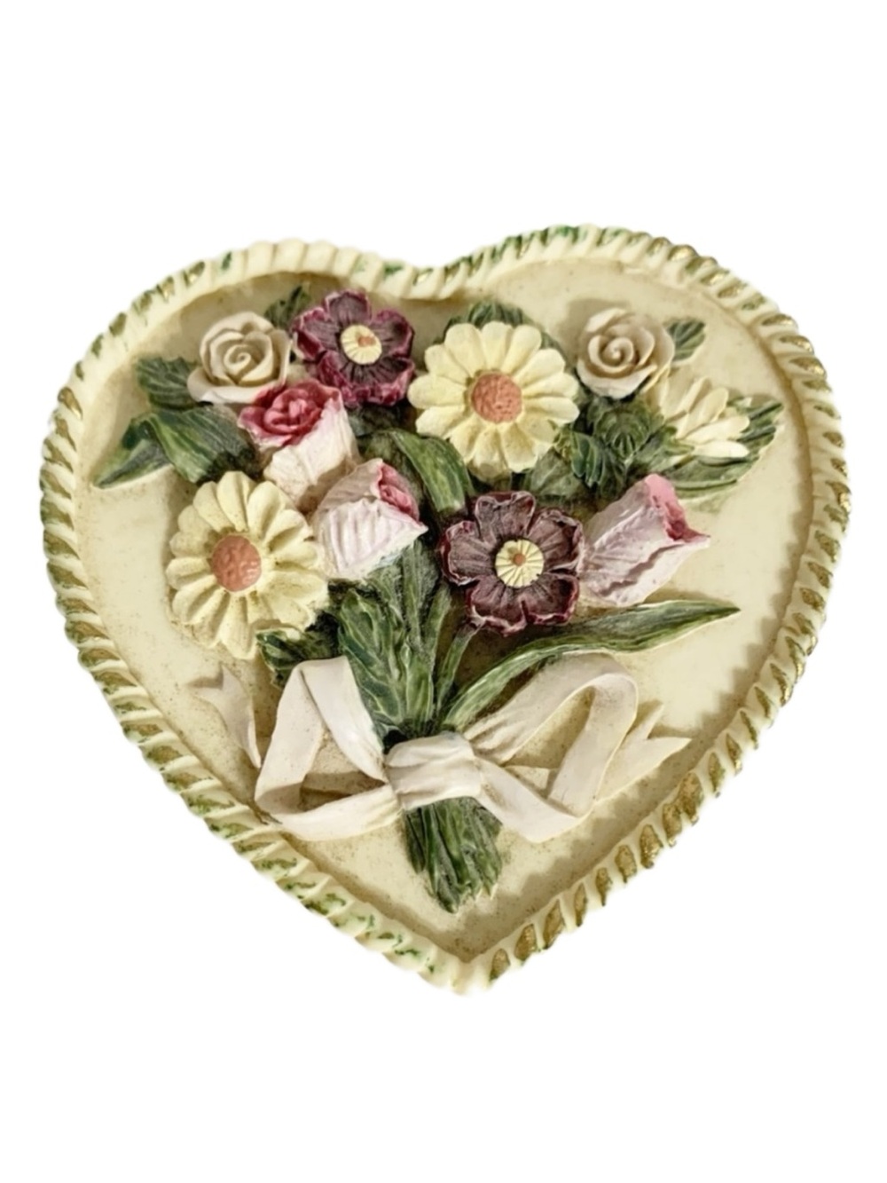 Vintage Dezine Hand Painted Floral Heart Shaped Trinket Box Resin Material 💜💚💛🩷